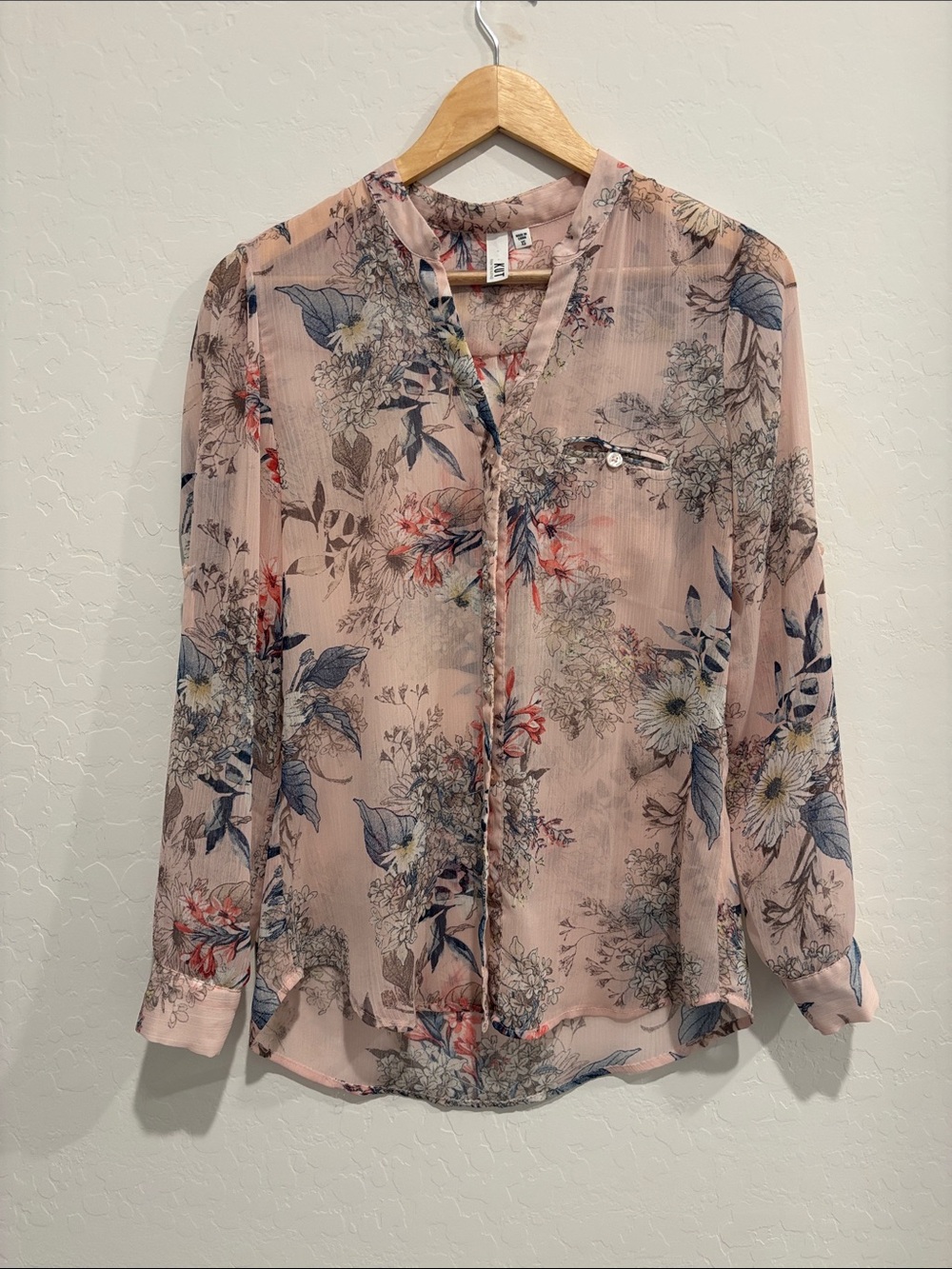 Kut from the Kloth Pink Floral V-Neck Sheer Blouse